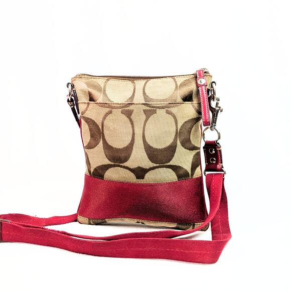 COACH Swingpack Khaki Signature Canvas with Red Trim Crossbody Bag - Picture 2 of 6
